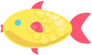 Yellow fish with fins on white background. Cartoon nautical character lives in sea and ocean. Sea dweller, aquarium fingerling. Wild nature of mediterranean sea. Underwater life of sea creature