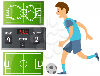 Running soccer player. Football cartoon player in blue jersey running with ball on playing field isolated man sport player sportsman in sports uniform. Guy plays football, kicks ball and scores goal