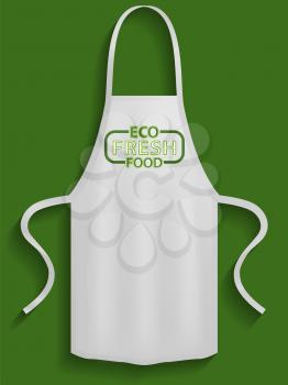 White apron with organic food logo. Clothes for work in kitchen, protective element of clothing. Apron for cooking in kitchen and protection of clothes. Cooking organic food with natural ingredients