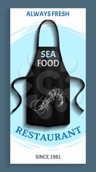 Advertising of new fish cafe. Apparel for cooking seafood. Black apron with sea food restaurant logo image. Apron for protection of clothes in kitchen. Restaurant advertising brochure template