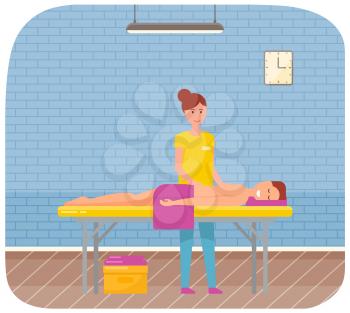 Masseur is massaging body of patient. Therapist gives massage to young man lying on couch. Girl touches back of client with her hands and reduces stress. Massage procedures in medical clinic