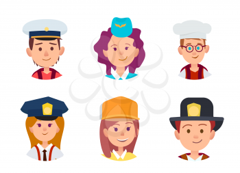 Three boys in image of sailor, chief food and firefighter. Trio girls in similitude of stewardess, policeman and builder vector illustration