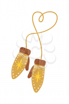 Gloves connected with elastic isolated on white. Vector illustration with two knitted mittens bound by thin rope decorated with yellow shiny stars