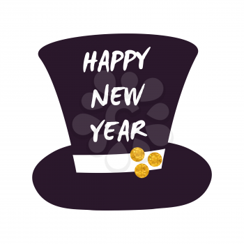 Happy New Year cylinder hat icon isolated on white background. Vector illustration with black high hat with congratulation decorated with white ribbon