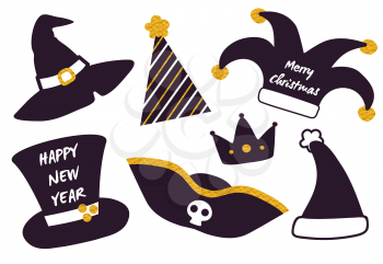 Merry Christmas happy New Year set of festive hats isolated on white. Vector illustration with witch hat, pirate one and Santa s headwear for xmas party