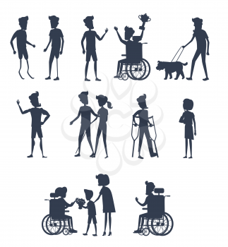 Silhouettes of disable humans on wheelchairs or on prostheses walking, winning, accepts congratulations. People with disabilities vector illustration