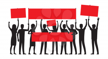 Group of people of both sexes with raised red placards conduct mass rally isolated vector illustration on white background.