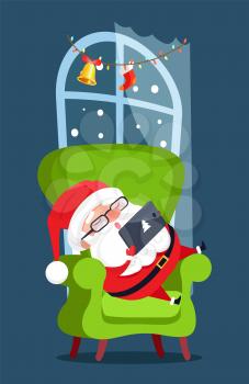 Santa Claus sleeping poster, winter character relaxing on armchair, window and decoration as garland and bell with sock, vector illustration