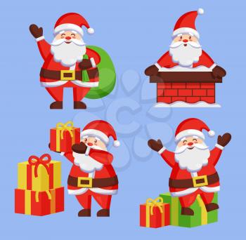 Santa Clauses set of icons. Saint Nicholas with bag going to present gift boxes, Father Christmas in chimney made of bricks, playing outdoors vector