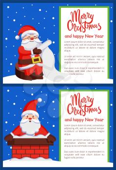 Merry Christmas and Happy New Year poster with Santa Claus in chimney and reading wish list vector illustration smiling Xmas symbol postcard design