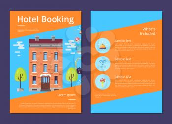 Hotel booking and whats included in it informative page template with brick building, gold bell, wifi icon and flowers in vase vector illustration.