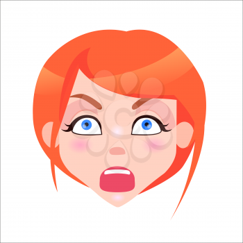 Young woman shocked face icon. Pretty redhead girl with flush and blue eyes amazement facial expression isolated flat vector. Female cartoon portrait illustration for women surprise emotions concept