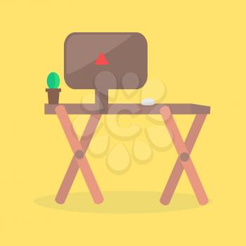 Modern workplace vector concept. Wooden table with monitor, computer mouse and cactus in flowerpot on it flat illustration on yellow background