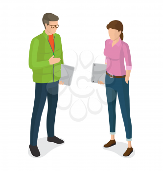 Man in green jacket, jeans with laptop in glasses and faceless woman with notebook vector isolated on white. Student or college cartoon characters