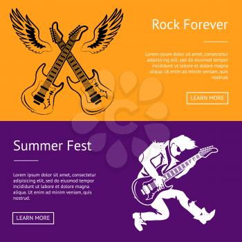 Rock forever and summer fest set of posters. Isolated vector illustration of criss-crossed electric guitars, pair of wings and guitarist performing