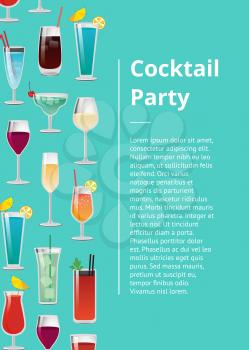 Cocktail party poster with set of tropical refreshing alcohol drinks as mojito, margarita and blue lagoon, bloody mary, vodka cola, red and white wine