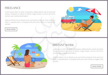 Freelance and distant work set, people working wearing swimming suit, freelance and distant work, vector illustration isolated on white background