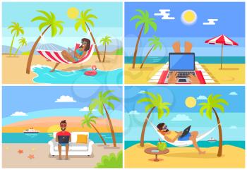 Freelance workers at beach near sea with laptops set. Freelancers work at sea shore in tropics on sand under tall palms cartoon vector illustrations.