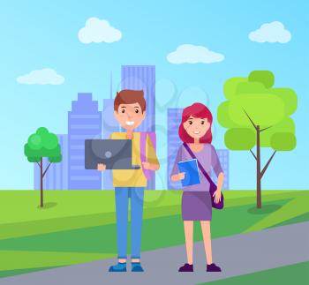 Smiling students on background of skyscrapers in city park, boy with laptop in hands and girl hold books, happy students, buildings on backdrop vector