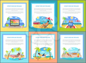 Distant work and freelance set of posters with people working on notebook, living in trailer at coastline, beach and cocktails vector freelancing concept