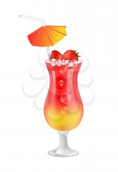 Sweet summer cocktail with strawberries. Drink that has berry taste with straw and umbrella. Alcohol cocktail in decorative glass vector illustration.