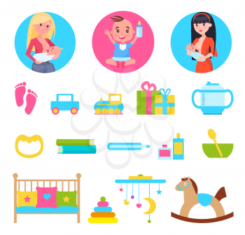 Kid and breastfeeding, mother and baby, toys and items set, horse and presents, cradle and bowl with spoon, vector illustration isolated on white