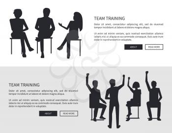 Team training people black silhouettes sit on chairs, discuss issues and raise qualification isolated flat vector illustration on white background