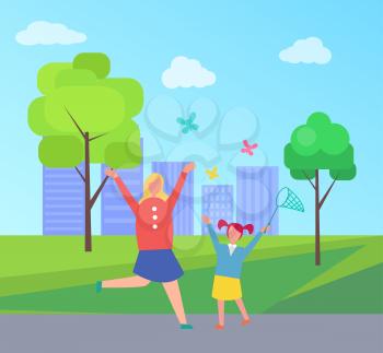 Excited mother and young daughter running, hopping and trying to catch colorful butterflies with net on background of city park with skyscrapers vector
