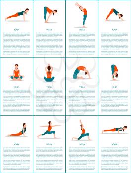 Yoga set of different positions, colorful poster, vector illustration, up and downward dog poses, lotus and chaturanga position, warrior and plank
