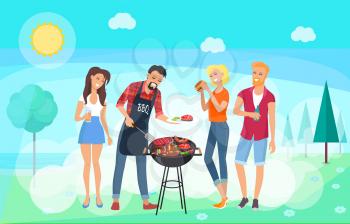BBQ party time, summer meadow, friends meeting, vector illustration, happy friends eating barbecue dishes, sunny day, bright sky, roast meat dishes