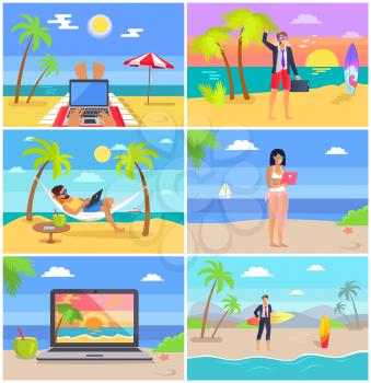 Distant work people at seaside, freelance at seaside, sea and hot sun, recreation and working tasks, collection with distant work vector illustration
