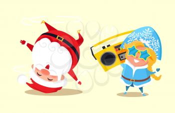 Santa standing on head break dancing and snow maiden in cute star shape glasses listen to music holding retro tape recorder in hands vector characters