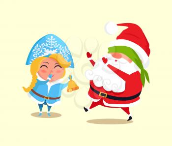 Snow Maiden and Santa Claus playing blind man s buffs icon isolated on white background. Vector illustration with winter characters having fun in game