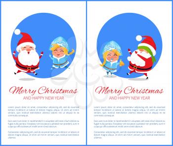 Merry Christmas and Happy New Year posters set with Santa and Snow Maiden playing hide-and-seek, jumping high with joy vector cartoon characters