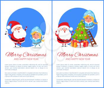 Merry Christmas and happy New Year, characters singing carols, evergreen tree decorated with balls and toys, stars and garland vector illustration