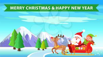 Merry Christmas and happy New Year poster with Santa Claus and elf, nature and sled with reindeer on winter landscape, ribbon vector illustration