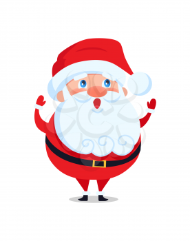 Santa Claus with long beard greets everyone and wishes Merry Christmas and Happy New Year, cartoon character in red costume isolated on white background