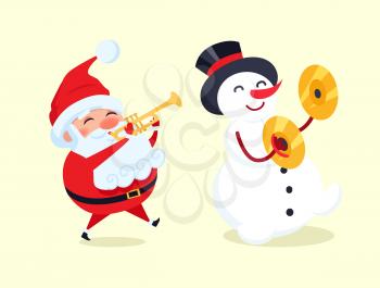 Santa playing on trumpet, snowman with drum ymbal musical instrument vector illustration with cartoon winter characters isolated on white background