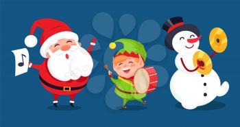 Santa with music sign, elf playing on drum, snowman on ymbal musical instrument vector illustration cartoon winter characters isolated on blue