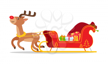 Reindeer and christmas sleigh with presents vector isolated on white. Red Santa s sledge with New Year tree ornament, full of gift boxes cartoon style