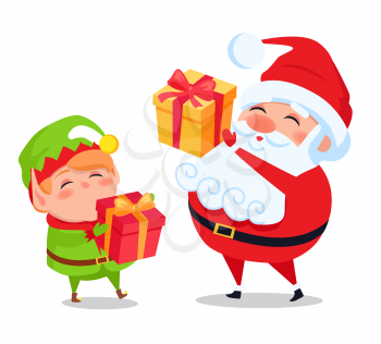 Santa Claus and elf helper holds presents in hands vector illustration postcards with cartoon characters isolated on white. Winter holiday heroes