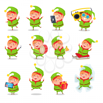 Elf collection of activities, character dressed in green costume playing games, helping and listening to music, having fun vector illustration