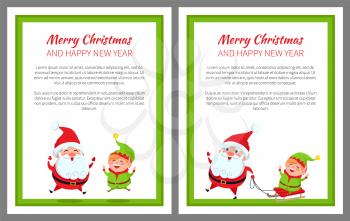 Merry Christmas happy New Year bright banner with Santa Claus and his helper elf on white background. Vector illustration with characters in green frame