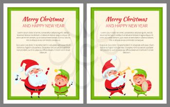 Merry Christmas happy New Year two bright posters with Santa Claus and elf in green costume. Vector illustration with winter characters in square frame