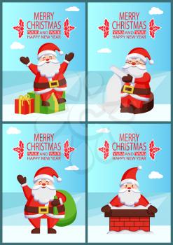 Merry Christmas happy New Year Santa bright banner on light background. Vector illustration with Saint Nicholas on snowy roof with colorful presents