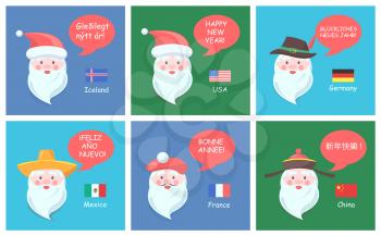 Santa Clauses from all over world in ethnic headdresses greet with New Year on foreign languages festive posters set vector illustrations national flags
