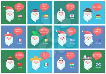 Santa Clauses from different countries in national headdresses wishes happy New Year in foreign languages banners cartoon vector illustrations set.
