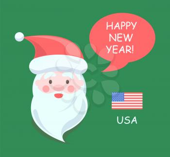 USA Santa Claus greeting people happy New Year, man wearing red hat and has long white beard saying English phrase isolated on vector illustration