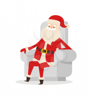 Santa Claus cartoon character sits in cosy armchair vector illustration of winter symbol isolated on white background. Father Christmas has rest