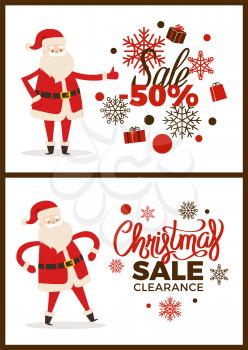 Christmas sale clearance poster with Santa Claus on white background. Vector illustration with discount advert decorated by snowflakes and gift boxes